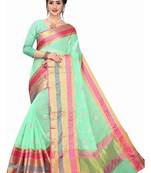 Light Green Woven Cotton Saree With Blouse