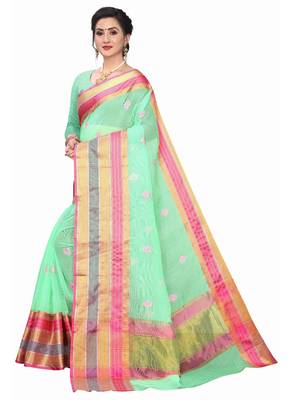 Light Green Woven Cotton Saree With Blouse 2
