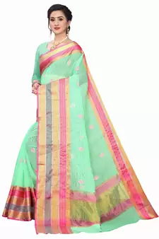 Light Green Woven Cotton Saree With Blouse