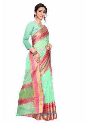Light Green Woven Cotton Saree With Blouse 3
