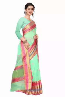 Light Green Woven Cotton Saree With Blouse