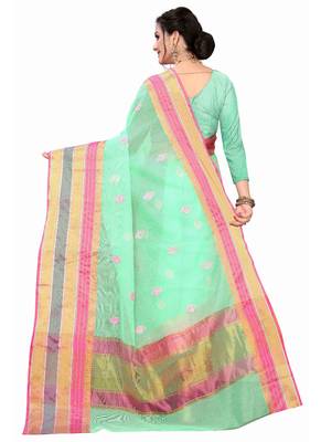 Light Green Woven Cotton Saree With Blouse 4