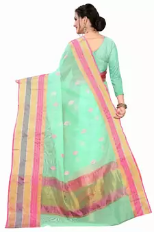 Light Green Woven Cotton Saree With Blouse