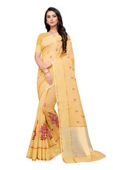 Yellow Embroidered Super Net Saree With Blouse