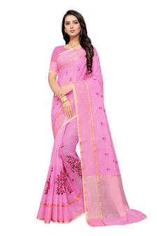 Pink Embroidered Super Net Saree With Blouse