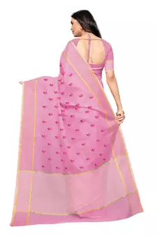 Pink Embroidered Super Net Saree With Blouse