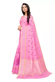Pink Embroidered Super Net Saree With Blouse