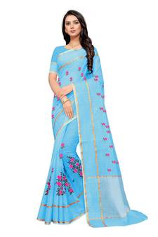 Light Blue Embroidered Super Net Saree With Blouse