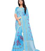 Light Blue Embroidered Super Net Saree With Blouse