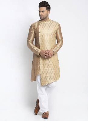 Embellished Brocade Golden Raw Silk Kurta-Pajama For Men By Treemoda 1
