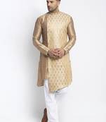 Embellished Brocade Golden Raw Silk Kurta-Pajama For Men By Treemoda