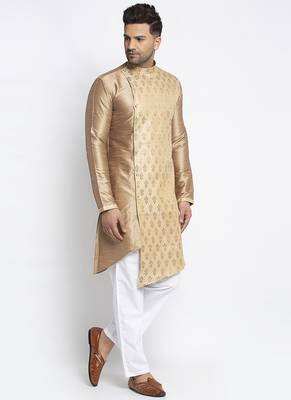 Embellished Brocade Golden Raw Silk Kurta-Pajama For Men By Treemoda 2