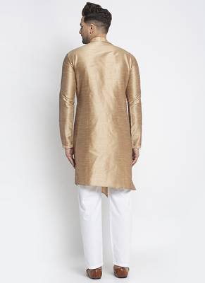 Embellished Brocade Golden Raw Silk Kurta-Pajama For Men By Treemoda 3