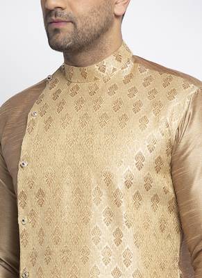 Embellished Brocade Golden Raw Silk Kurta-Pajama For Men By Treemoda 4