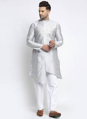 Embellished Brocade Grey Kurta-Pajama Set For Men By Treemoda 1