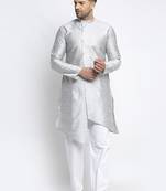 Embellished Brocade Grey Kurta-Pajama Set For Men By Treemoda