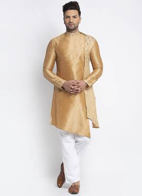 Embellished Brocade Golden Dupion Silk Kurta-Pajama For Men By Treemoda 1