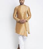 Embellished Brocade Golden Dupion Silk Kurta-Pajama For Men By Treemoda