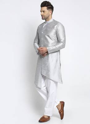 Embellished Brocade Grey Kurta-Pajama Set For Men By Treemoda 2