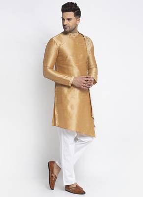 Embellished Brocade Golden Dupion Silk Kurta-Pajama For Men By Treemoda 2