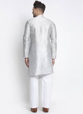 Embellished Brocade Grey Kurta-Pajama Set For Men By Treemoda 3