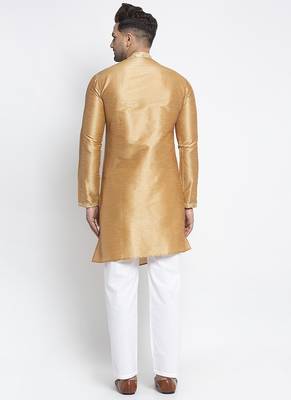 Embellished Brocade Golden Dupion Silk Kurta-Pajama For Men By Treemoda 3