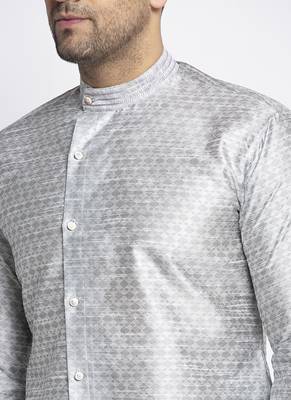 Embellished Brocade Grey Kurta-Pajama Set For Men By Treemoda 4
