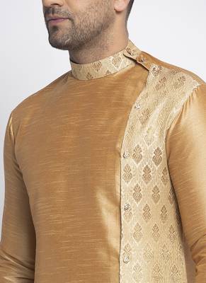 Embellished Brocade Golden Dupion Silk Kurta-Pajama For Men By Treemoda 4