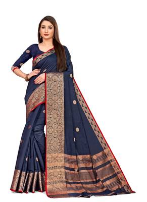 Dark Blue Woven Cotton Saree With Blouse 1