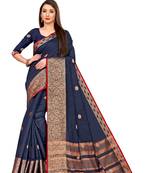 Dark Blue Woven Cotton Saree With Blouse