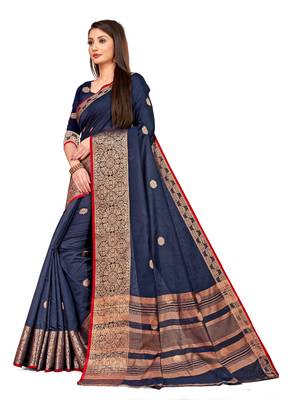Dark Blue Woven Cotton Saree With Blouse 2