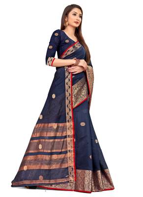 Dark Blue Woven Cotton Saree With Blouse 3