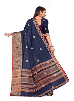 Dark Blue Woven Cotton Saree With Blouse 4