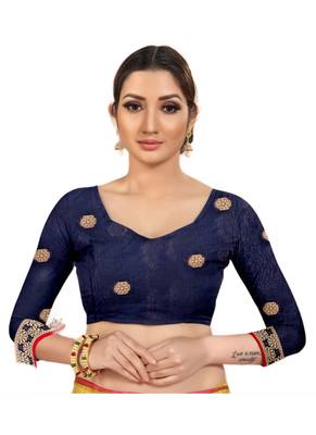 Dark Blue Woven Cotton Saree With Blouse 5