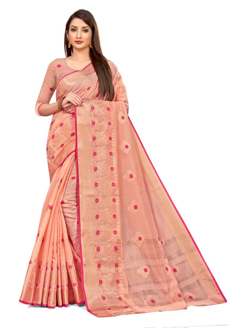 Women Peach Cotton Blend Printed Saree With Unstitched Blouse