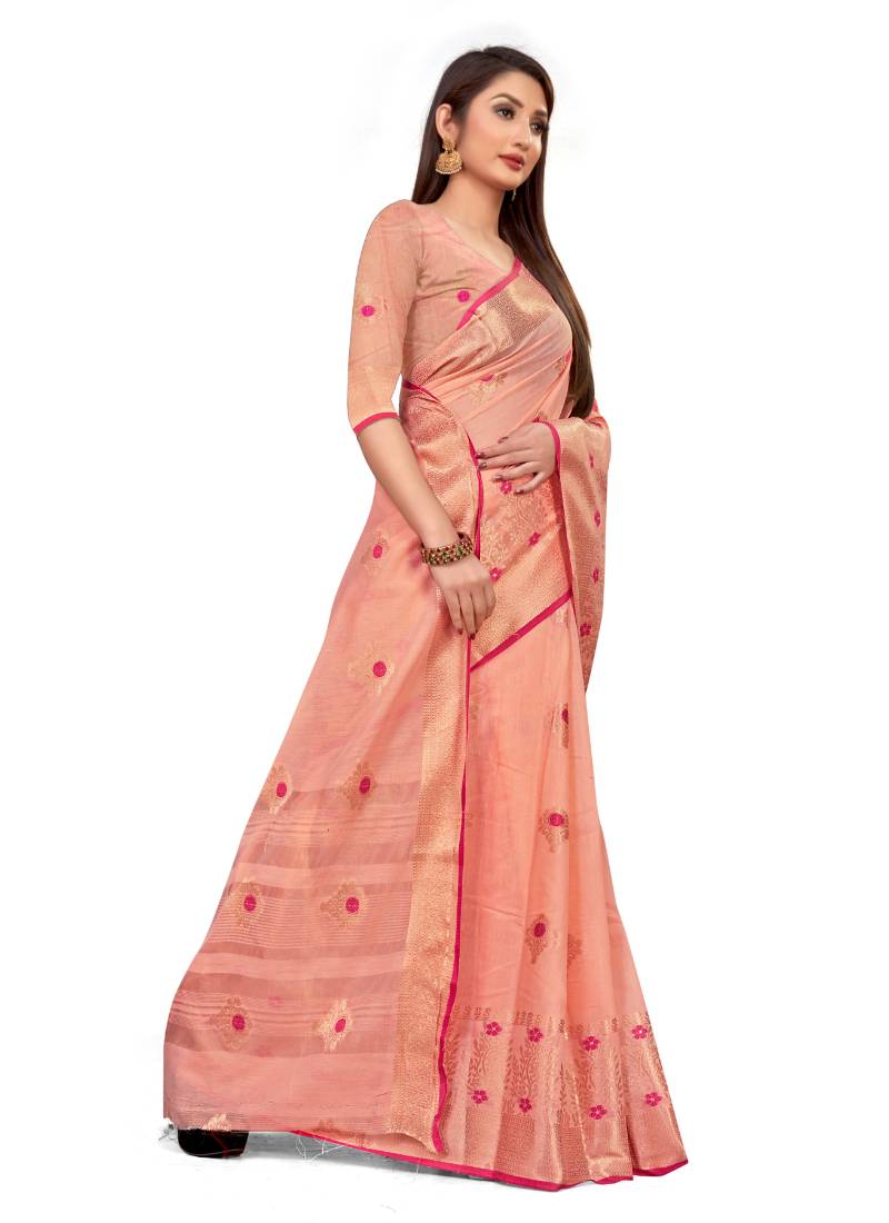 Women Peach Cotton Blend Printed Saree With Unstitched Blouse
