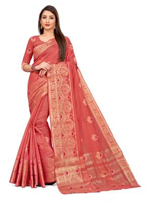 Pink Woven Cotton Saree With Blouse 1