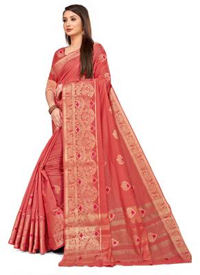 Pink Woven Cotton Saree With Blouse 2