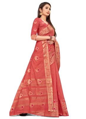 Pink Woven Cotton Saree With Blouse 3