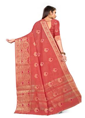 Pink Woven Cotton Saree With Blouse 4