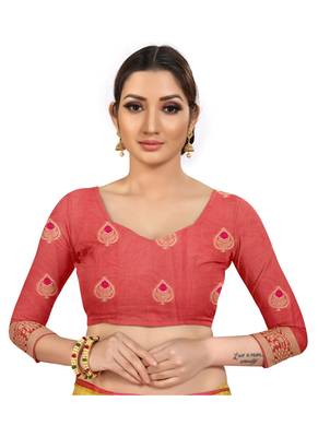 Pink Woven Cotton Saree With Blouse 5