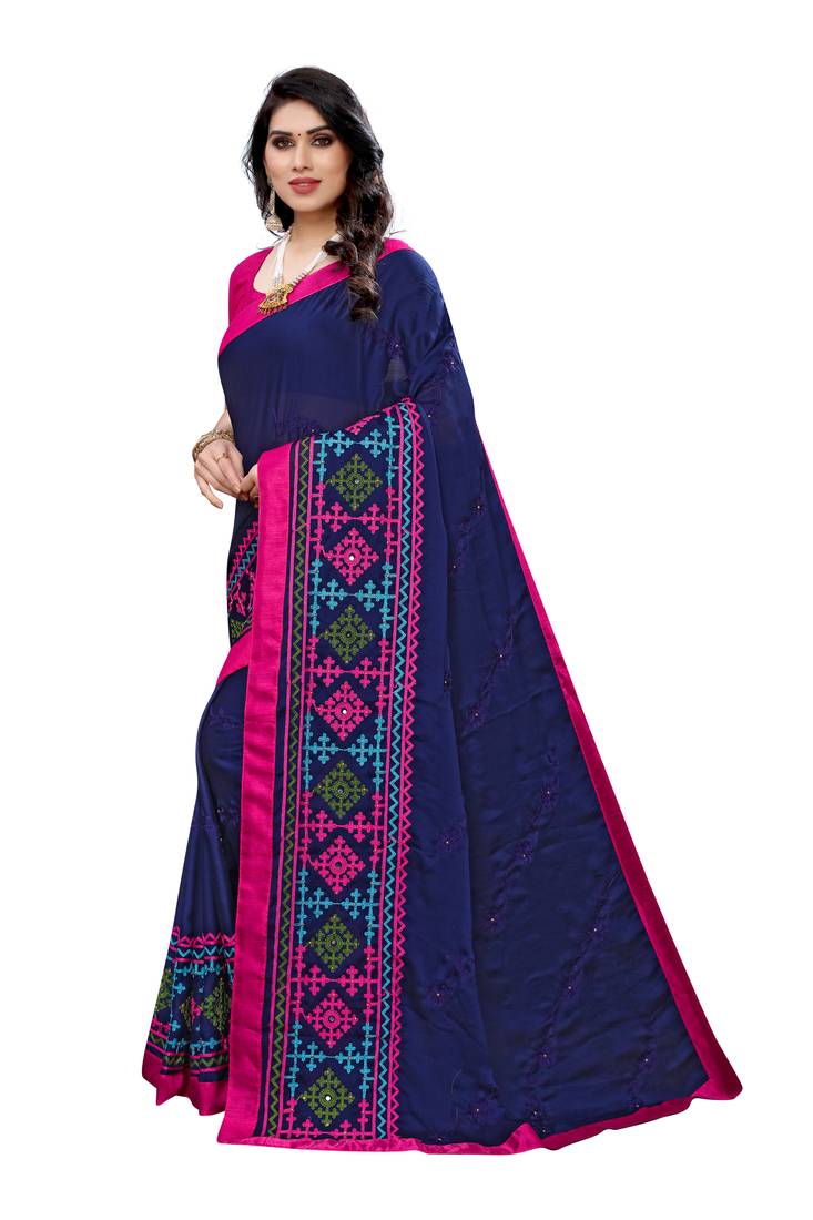 Beautiful Multicolor Embroidery Ari Work With Real Mirror Saree with Blouse