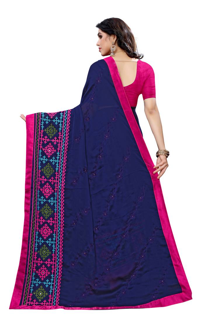 Beautiful Multicolor Embroidery Ari Work With Real Mirror Saree with Blouse