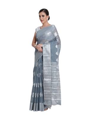 Grey Woven Tissue Saree With Blouse 2