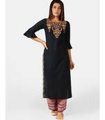 Black princess line embroidered neck kurta with red slub palazzo pant