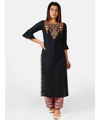 Black princess line embroidered neck kurta with red slub palazzo pant 2