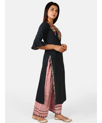 Black princess line embroidered neck kurta with red slub palazzo pant 3