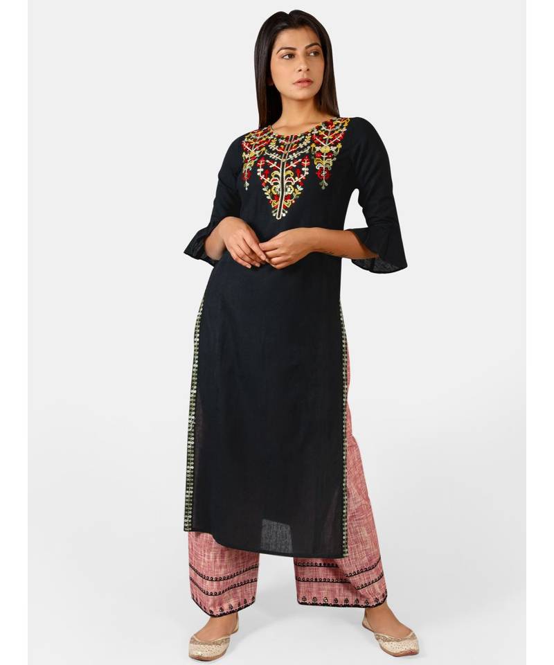 Black princess line embroidered neck kurta with red slub palazzo pant