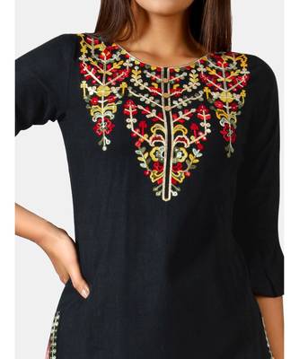 Black princess line embroidered neck kurta with red slub palazzo pant 6
