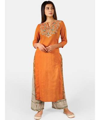 Orange long embroidered neck kurta with rust canvas palazzo pant 1